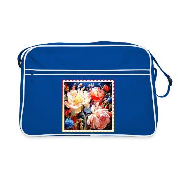 Lebendig Blumenkomposition auf dunklem Hintergrund - Retro Tasche - Blau/Weiß - Vorne