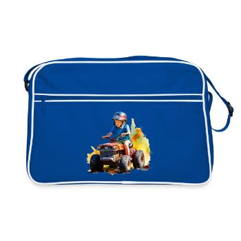 Junge auf Spielzeugtraktor mit Farbspritzer - Retro Tasche - Blau/Weiß - Vorne