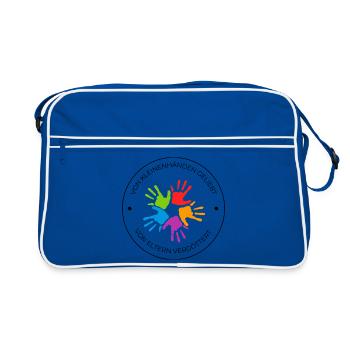 Von kleinen Händen geliebt – Bunte Handabdrücke - Retro Tasche - Blau/Weiß - Vorne