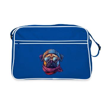 Hipster-Mops, Mütze und Schal mit Sonnenbrille - Retro Tasche - Blau/Weiß - Vorne
