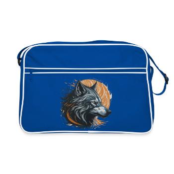 Schwarzer Wolf unter dem goldenen Mond - Retro Tasche - Blau/Weiß - Vorne