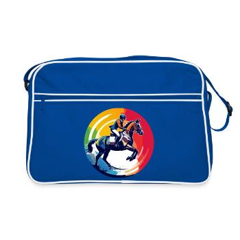 Regenbogen Springpferd Pferd Springreiten Motiv - Retro Tasche - Blau/Weiß - Vorne