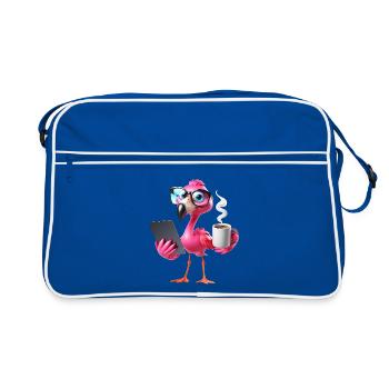 Flamingo in the office with tablet & coffee - Retro Bag - blue/white - Front