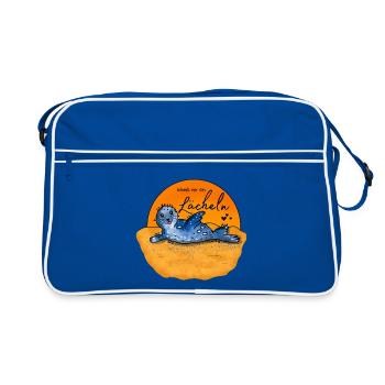 Seehundbaby am Strand – Schenk mir ein Lächeln - Retro Tasche - Blau/Weiß - Vorne