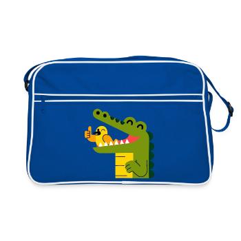 Crocodile joyeux avec un oiseau dans la bouche - Sac Retro - bleu/blanc - Devant