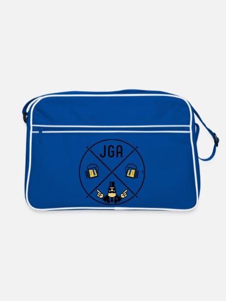 Signe de main du marié pour enterrement de vie de garçon Cercle de bière POS 3C - Sac Retro - bleu/blanc - Devant
