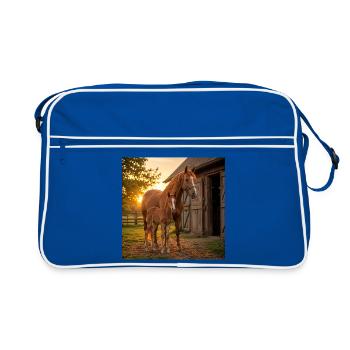 Coucher de soleil, jument avec poulain - Sac Retro - bleu/blanc - Devant