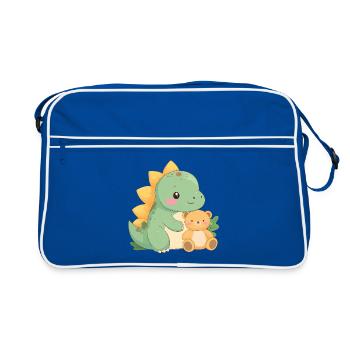 Kleiner grüner Dino mit Teddybär – Süße Freunde - Retro Tasche - Blau/Weiß - Vorne