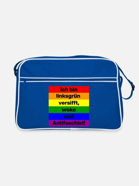 LINKSGRÜN VERSIFFT WOKE ANTIFASCHIST SPRUCH, NONZS - Retro Tasche - Blau/Weiß