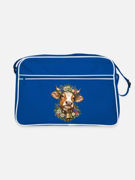 Kuh mit Blumenkrone – Alpenliebe & Tracht - Retro Tasche - Blau/Weiß