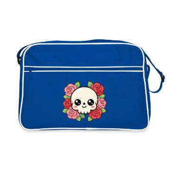 Niedlicher Kawaii-Schädel, umgeben von leuchtenden Rosen - Retro Tasche - Blau/Weiß - Vorne