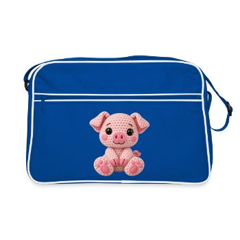 Häkelkuschel Schwein Rosa - Retro Tasche - Blau/Weiß - Vorne