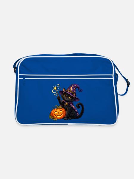 Halloween-Zaubererkatze - Retro Tasche - Blau/Weiß