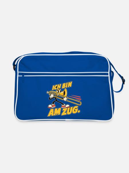 Ich bin am Zug – Lustiges Posaunen-Maskottchen - Retro Tasche - Blau/Weiß