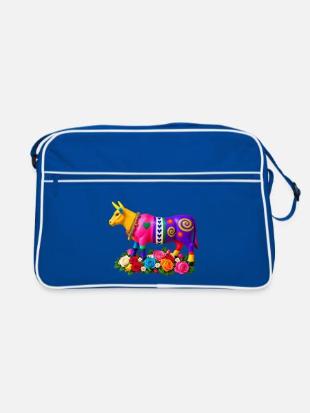 Bunter Stier mit Blumen - Retro Tasche - Blau/Weiß