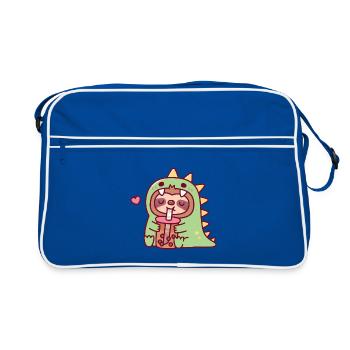 Süßer Faultier im Dinosaurierkostüm liebt Boba-Tee - Retro Tasche - Blau/Weiß - Vorne