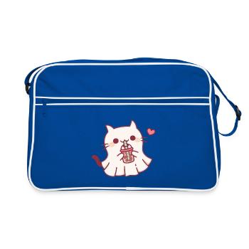 Süße Geisterkatze liebt Boba Tea Halloween - Retro Tasche - Blau/Weiß - Vorne