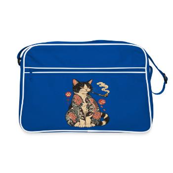 Katzentattoo mit Koi-Blüten - Retro Tasche - Blau/Weiß - Vorne