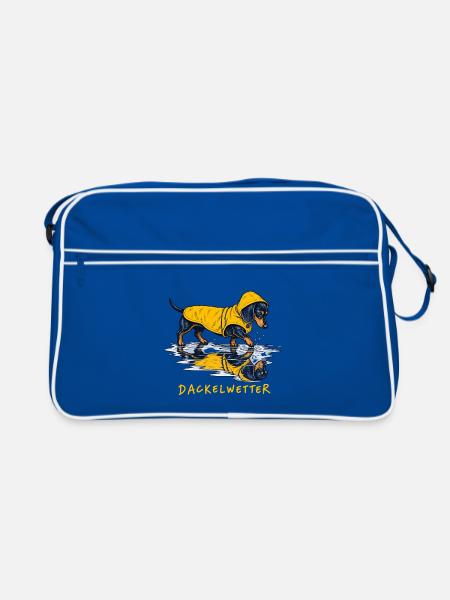 Dackelwetter Dackel in gelbem Regenponcho - Retro Tasche - Blau/Weiß