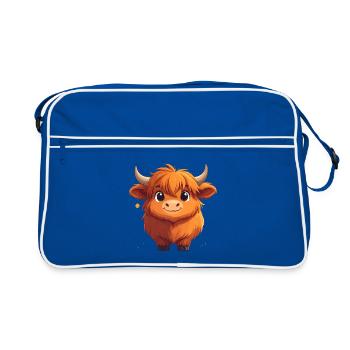 Kawaii Schottisches Hochlandrind Braun T-Shirt - Retro Tasche - Blau/Weiß - Vorne