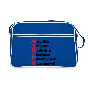 Marcus Vorname,Namensschild,Name,Fun Shirt (25) - Retro Tasche - Blau/Weiß - Vorne