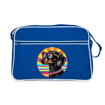 Basset Hound mit Retro Sonnenbrille - Retro Tasche - Blau/Weiß - Vorne