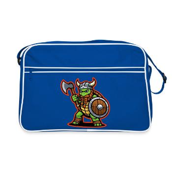 Wikinger-Schildkröte-Krieger-Axt-Schild-Maskottchen - Retro Tasche - Blau/Weiß - Vorne