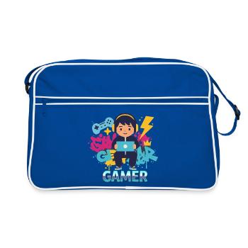 Gamer Kid mit Gamepad und Kopfhörern - Retro Tasche - Blau/Weiß - Vorne