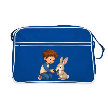 Rabbit gets cucumber from cheerful boy - Retro Bag - blue/white - Front