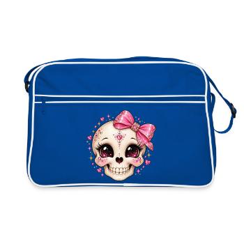 Glitzernder Kristallskull mit Schleife - Retro Tasche - Blau/Weiß - Vorne