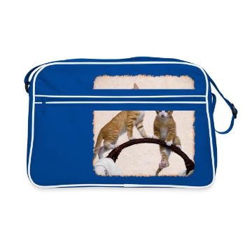 Zwei süße lustige Katzenkinder spielen und turnen - Retro Tasche - Blau/Weiß - Vorne