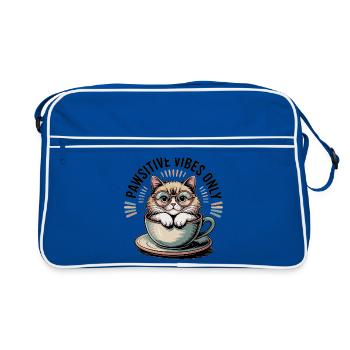 Pawsitive Vibes Only – Cat in a Cup - Retro Tasche - Blau/Weiß - Vorne
