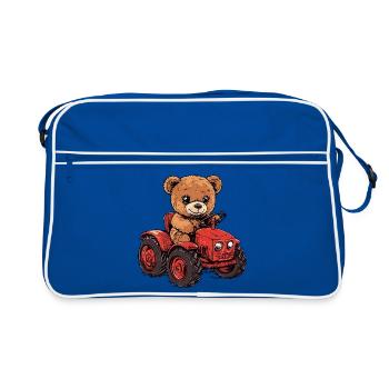 Teddybär auf rotem Traktor - Retro Tasche - Blau/Weiß - Vorne