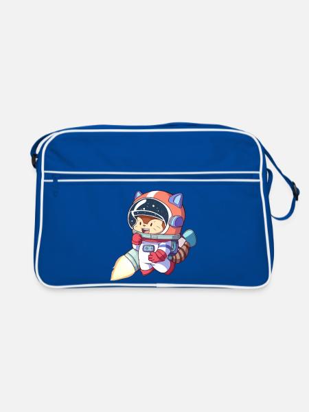 Katzenastronaut im Weltraumanzug - Retro Tasche - Blau/Weiß - Vorne