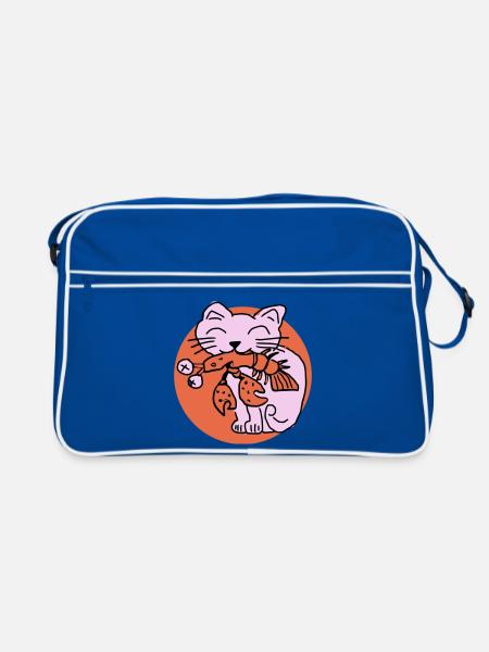 Katze frisst Krebs auf - Retro Tasche - Blau/Weiß - Vorne