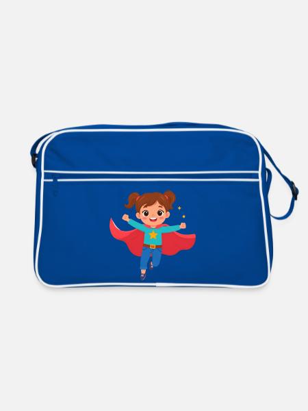 Kawaii Comic Superheldin Power Mädchen T-Shirt - Retro Tasche - Blau/Weiß