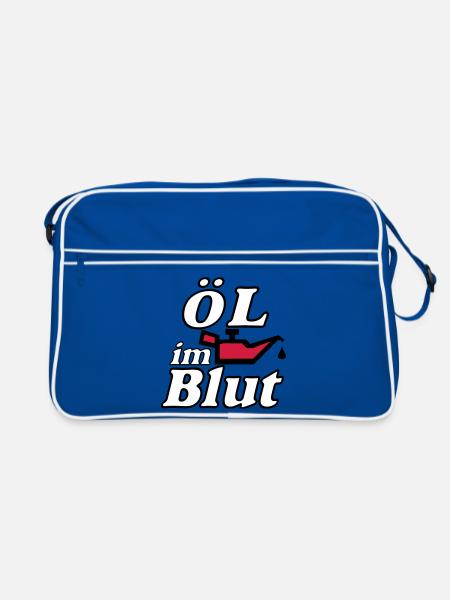 Auto Tuning Schrauber Kult Shirt, Öl im Blut (25) - Retro Tasche - Blau/Weiß - Vorne