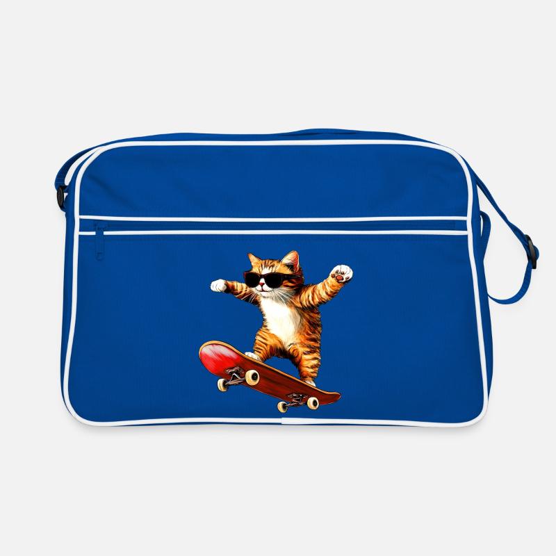 Katzen Skateboard - Retro Tasche - Blau/Weiß