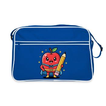 Lehrer Cartoon Obst mit Bleistift - Retro Tasche - Blau/Weiß - Vorne