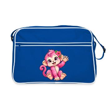 Kawaii-rosa Affe mit tropischer Blume - Retro Tasche - Blau/Weiß - Vorne