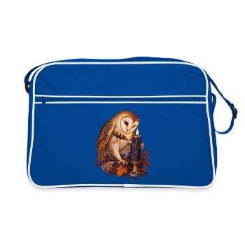 Schleiereule schnitzt eine schwarze Kerze - Retro Tasche - Blau/Weiß - Vorne