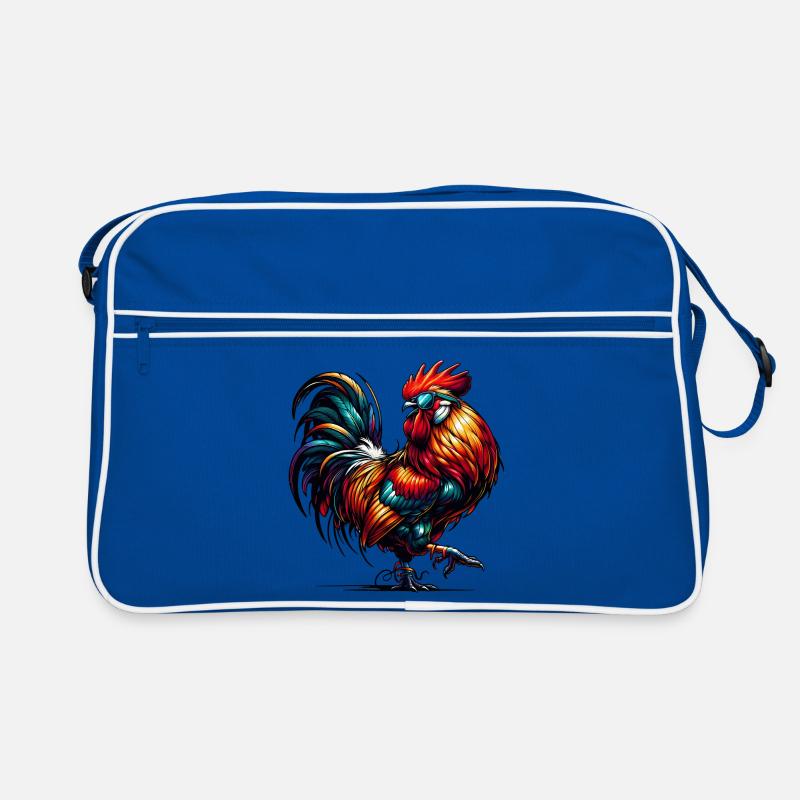 cooler Hahn in bunten Farben mit Sonnenbrille Retro Tasche