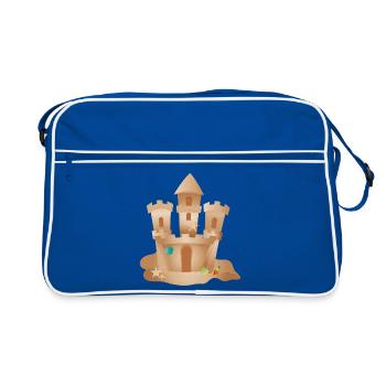 Château de sable avec coquillages et étoiles de mer sur la plage - Sac Retro - bleu/blanc - Devant