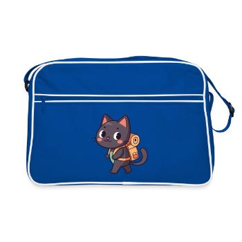 Entdeckerkatze mit orangefarbenem Rucksack - Retro Tasche - Blau/Weiß - Vorne