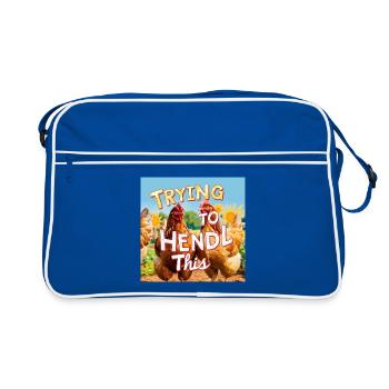 Chickens "Trying to Hendl this" - Retro Bag - blue/white - Front