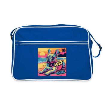 Soothing dog on the beach with Just Chill written on it - Retro Bag - blue/white - Front
