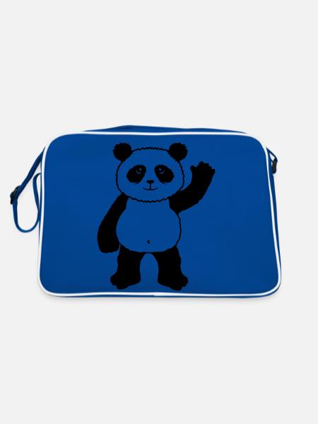 Aufrecht Stehender Panda Bär Winkt Freundlich - Retro Tasche - Blau/Weiß - Hinten