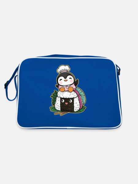 Kawaii Pinguin mit Onigiri Reisball - Retro Tasche - Blau/Weiß - Hinten