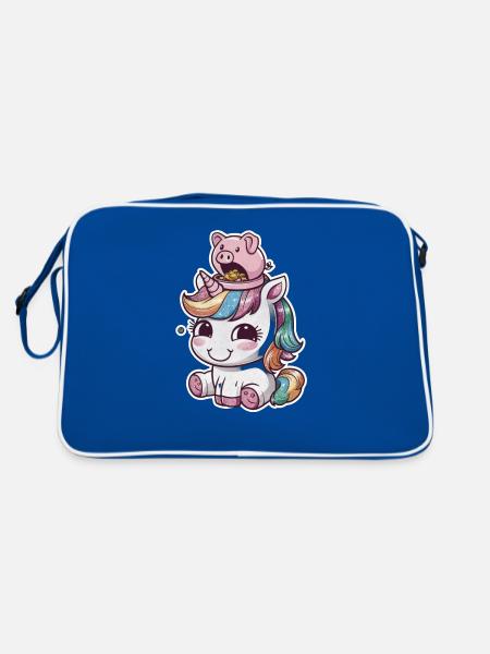 Cool Kawaii Unicorn with Piggy Bank - Retro Bag - blue/white - Back