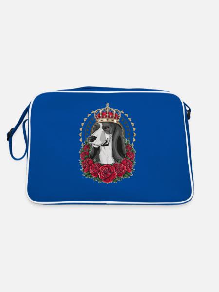 Cartoon Afghan Hound with Crown and Roses - Retro Bag - blue/white - Back